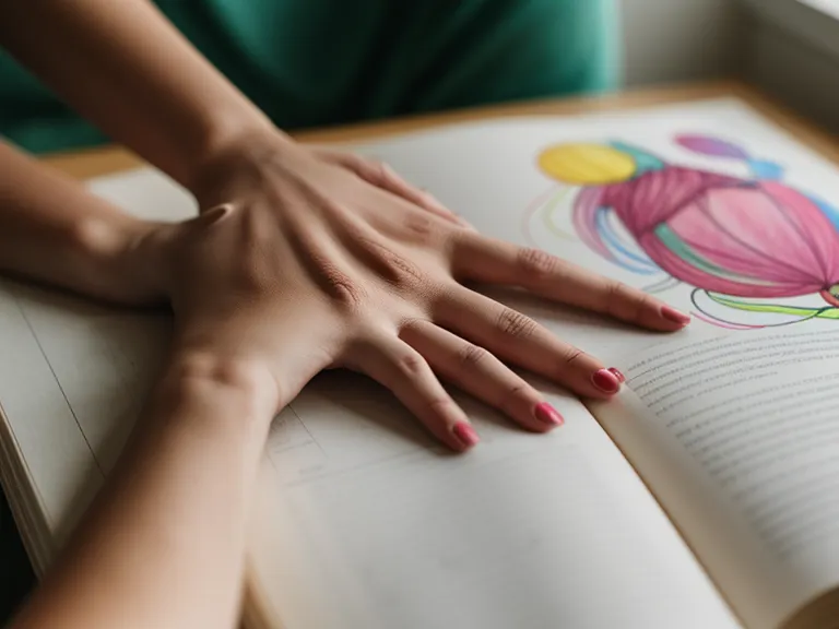 Eine Hand liegt auf einem alten Ringbuch mit Kinderzeichnungen neben einem Smartphone.