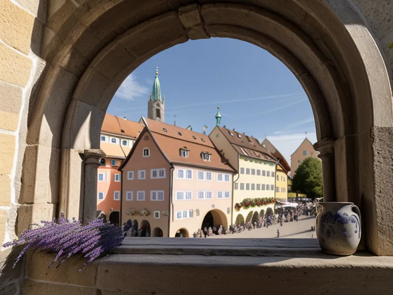 Blick aus einem Altbaufenster auf den Neupfarrplatz in Regensburg bei Sonnenlicht.