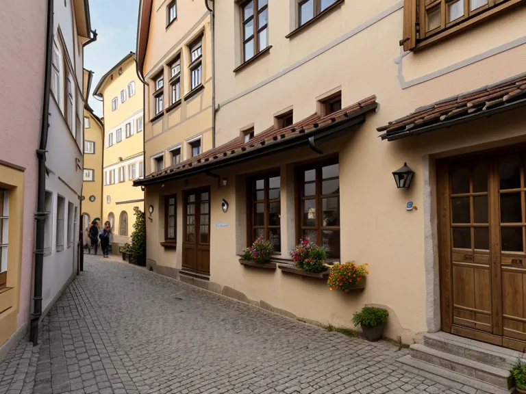 Blick aus dem Fenster auf die ruhige Ostengasse in der Regensburger Altstadt am Nachmittag.