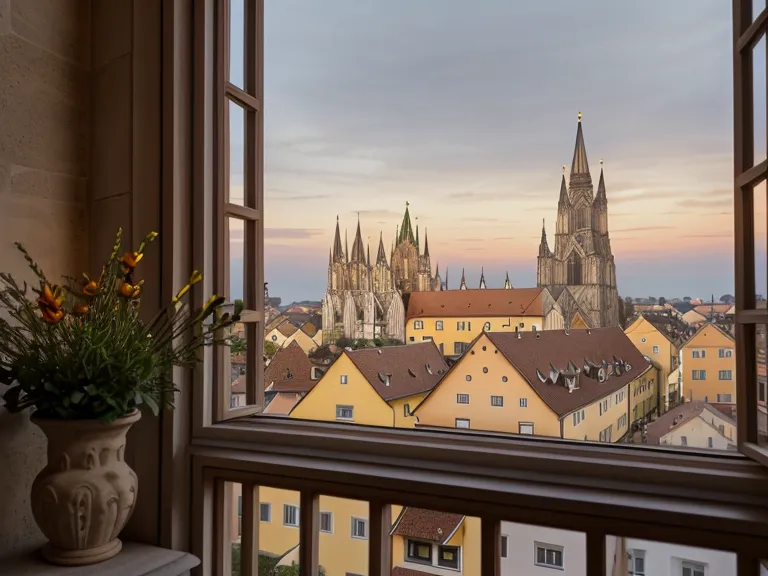 Blick aus einem Fenster in Regensburg auf die Domspitzen im Abendlicht.